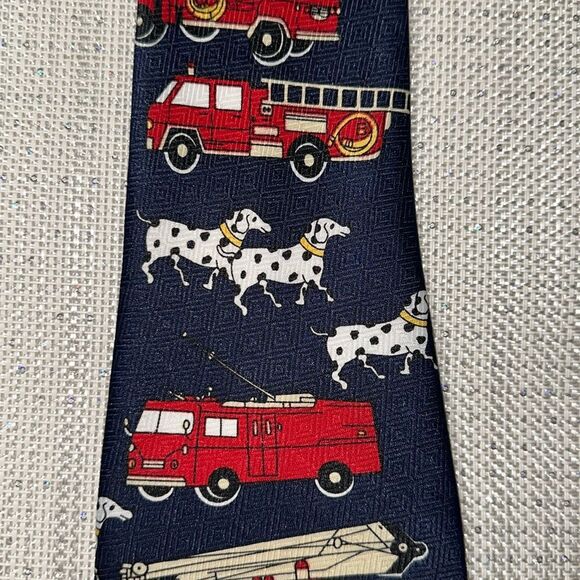 RENAISSANCE Navy Ivory Red White Black Yellow Fire Truck Dalmatians Woven Tie - Picture 2 of 7